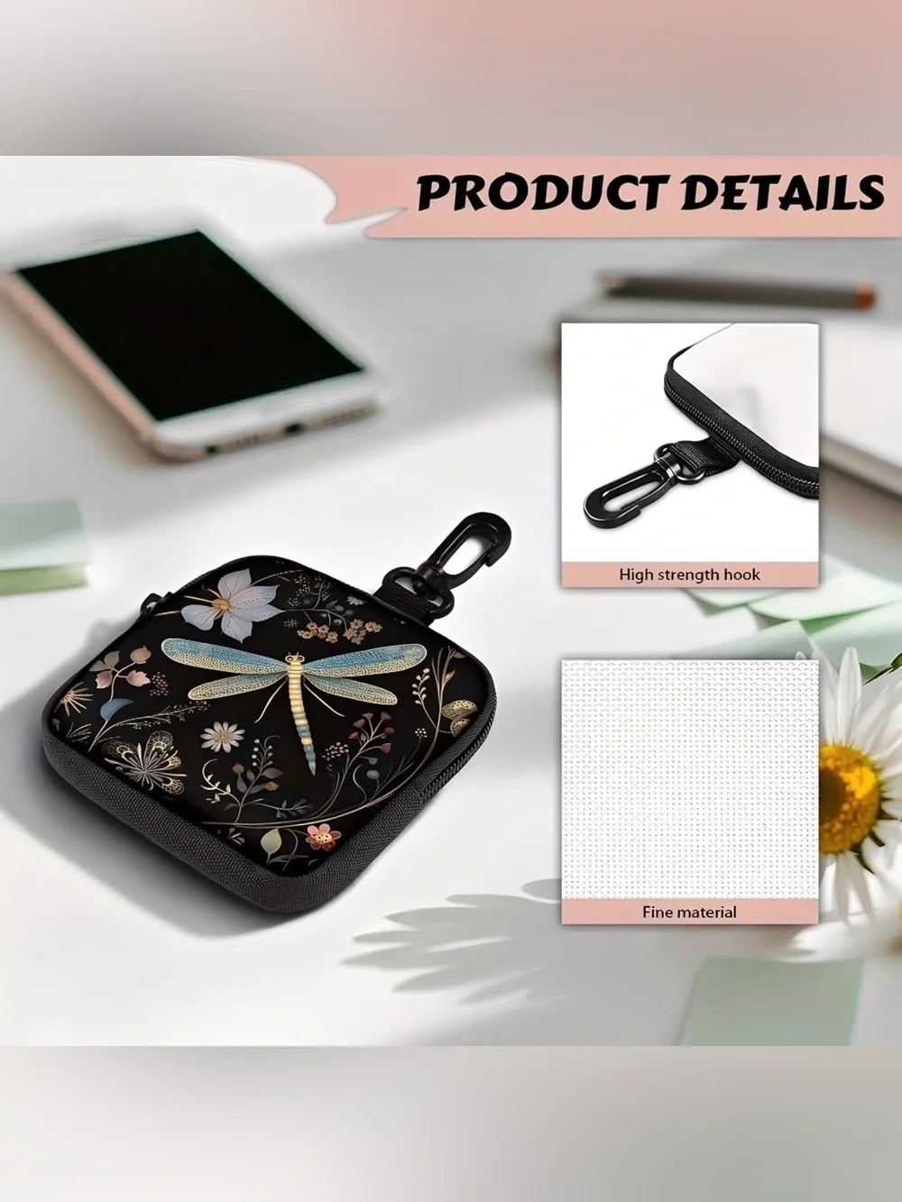 Dragonfly Floral Clip-On Cosmetic Pouch - Black